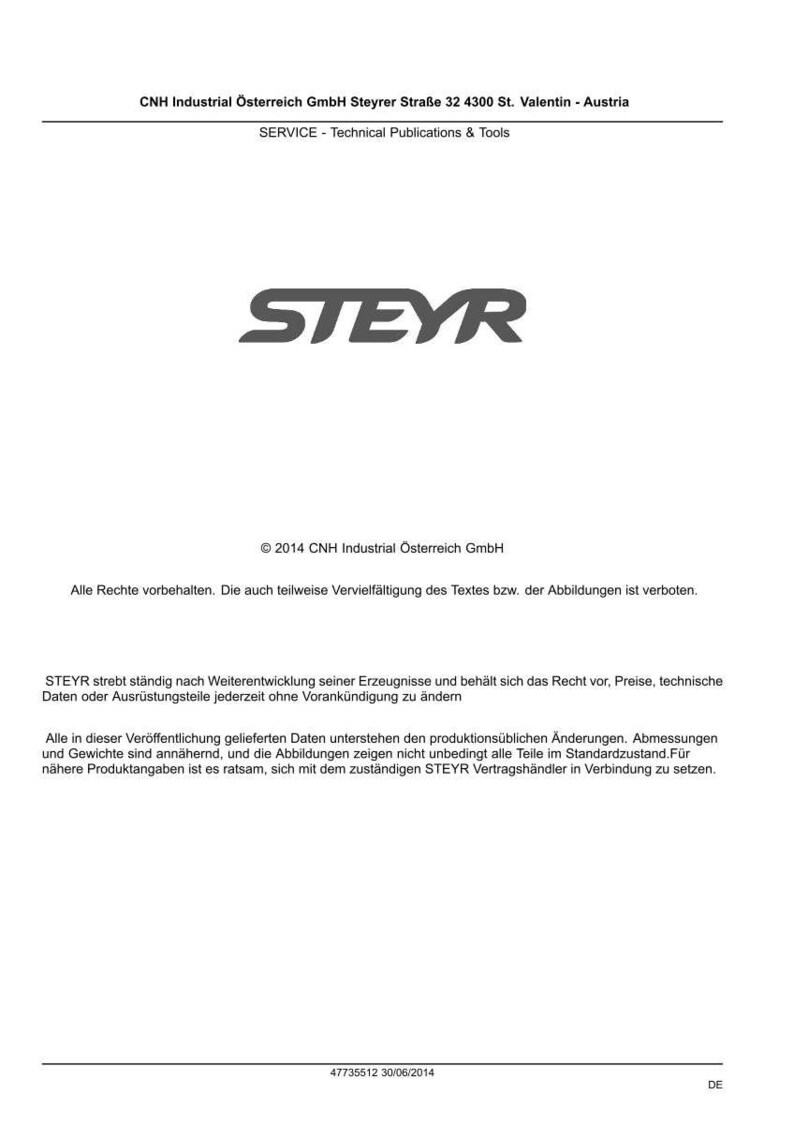 May include: A white technical document page featuring the STEYR logo in black text at the top center. The header includes CNH Industrial &Ouml;sterreich GmbH, address details, and the text SERVICE - Technical Publications & Tools. Copyright 2014.