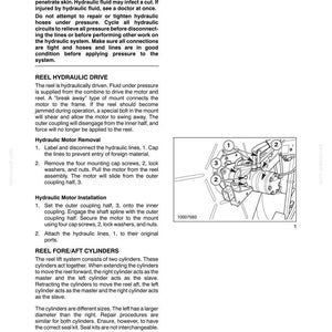 May include: A technical manual page titled SECTION 35 - HYDRAULIC SYSTEM - CHAPTER 1, featuring a warning about hydraulic fluid, instructions for reel hydraulic drive motor removal and installation, and a diagram labeled 10007593 with numbered parts.