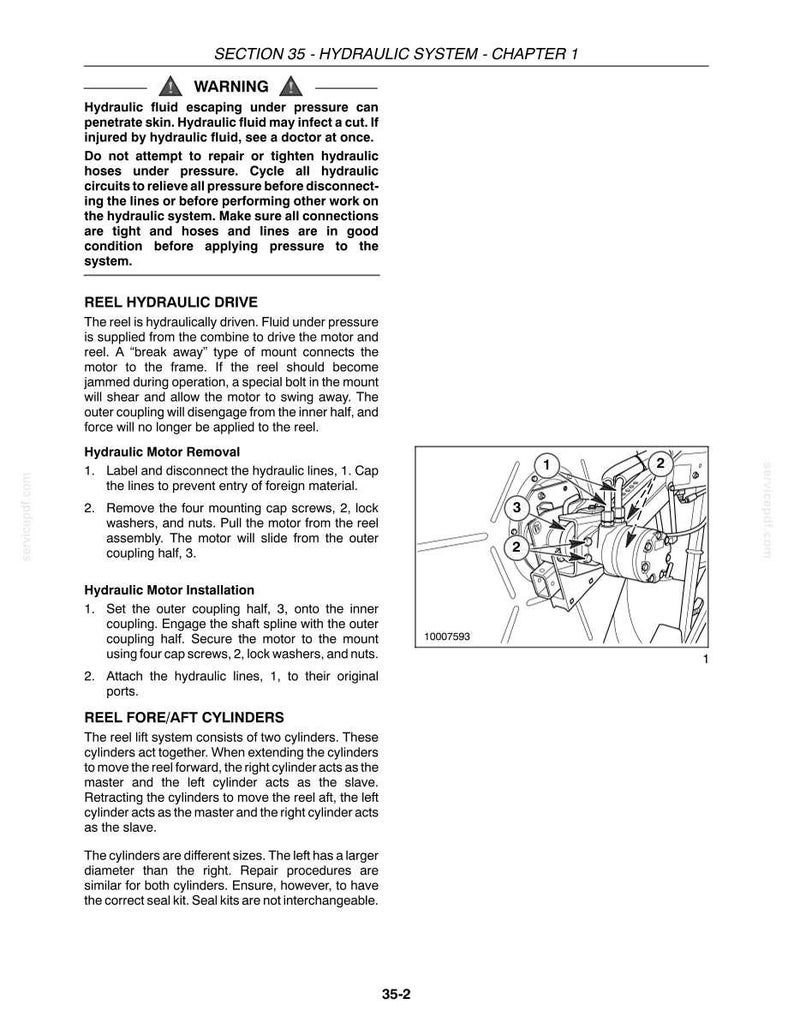 May include: A technical manual page titled SECTION 35 - HYDRAULIC SYSTEM - CHAPTER 1, featuring a warning about hydraulic fluid, instructions for reel hydraulic drive motor removal and installation, and a diagram labeled 10007593 with numbered parts.