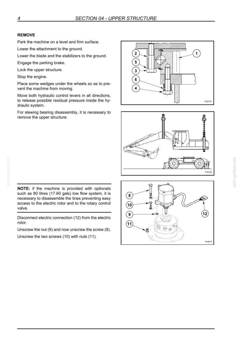 May include: A technical manual page titled SECTION 04 - UPPER STRUCTURE featuring black and white line drawings of heavy machinery components, numbered parts, and assembly instructions for removing the upper structure and electric rotor.