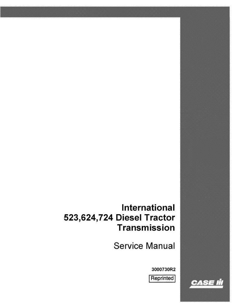 K&ouml;nnte beinhalten: Ein wei&szlig;es Servicehandbuch mit dem Titel "International 523,624,724 Diesel Tractor Transmission". Das Cover zeigt das Case IH-Logo und das Wort "Reprinted".