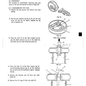 May include: A technical manual page titled 6.5 DISASSEMBLY, featuring black and white line drawings labeled Fig. 51, Fig. 52, Fig. 53, and Fig. 54. The diagrams illustrate the step-by-step process for disassembling an idler, including parts labeled 1 through 7.