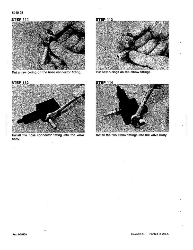 May include: A technical diagram with four steps for assembling a component. The steps include installing o-rings and fittings. Text includes "STEP 111", "STEP 112", "STEP 113", and "STEP 114". The diagram is printed in the USA.