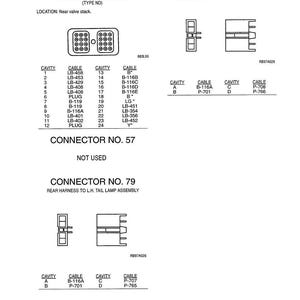 May include: Technical diagram illustrating electrical connectors, including Connector No. 56, 80, and 79. The diagrams detail front and rear harness connections, with labels for cavities and cables. Text includes part numbers and assembly information.
