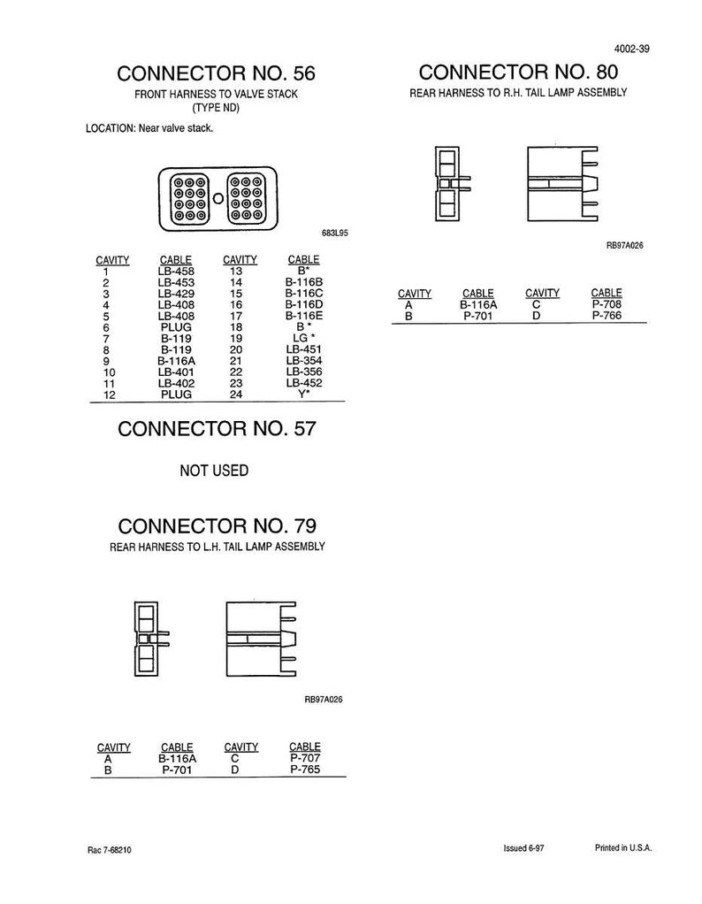 May include: Technical diagram illustrating electrical connectors, including Connector No. 56, 80, and 79. The diagrams detail front and rear harness connections, with labels for cavities and cables. Text includes part numbers and assembly information.