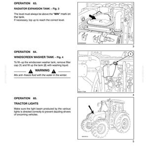 May include: A technical manual page titled Section 4 - Lubrication and Maintenance, featuring black and white line drawings of a radiator expansion tank, a windscreen washer tank, and a tractor, with instructions for maintenance operations 63, 64, and 65.