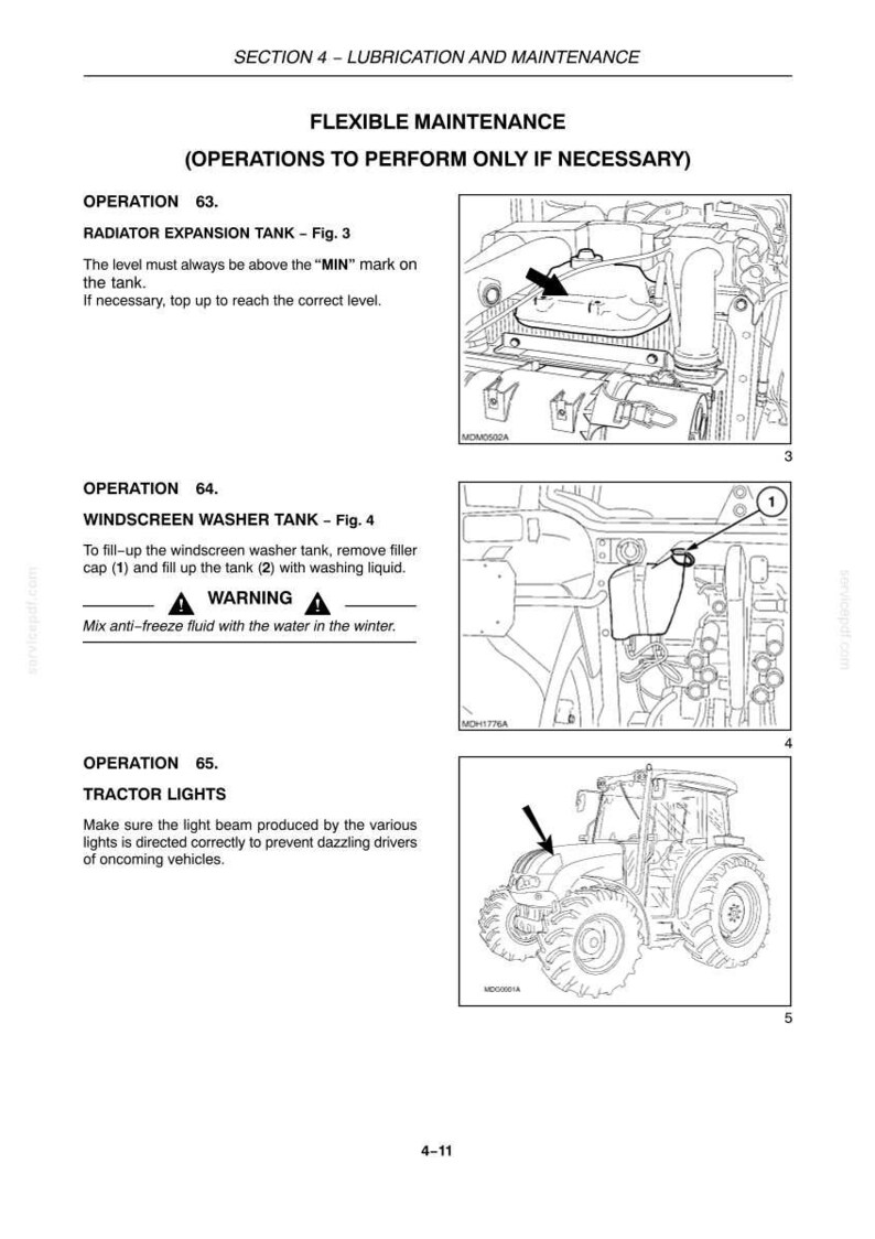 May include: A technical manual page titled Section 4 - Lubrication and Maintenance, featuring black and white line drawings of a radiator expansion tank, a windscreen washer tank, and a tractor, with instructions for maintenance operations 63, 64, and 65.