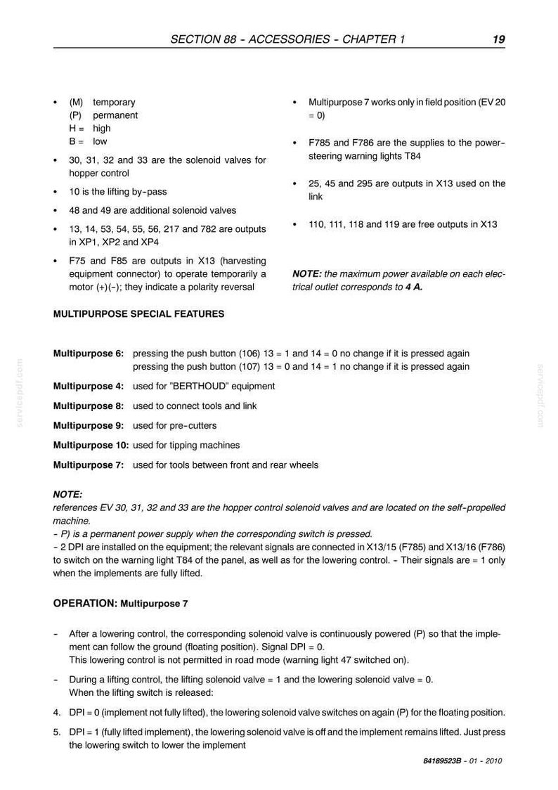 May include: Page from a technical manual, titled "SECTION 88 - ACCESSORIES - CHAPTER 1". The page includes lists of solenoid valves, outputs, and special features, with notes on operation and electrical components. The text is in black font.