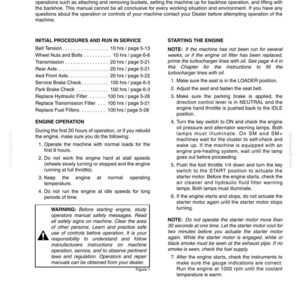 May include: A page from an equipment operation manual, titled "Operating Instructions." It details initial procedures, engine operation, and starting instructions. Includes warnings and diagrams. The text is black on a white background.