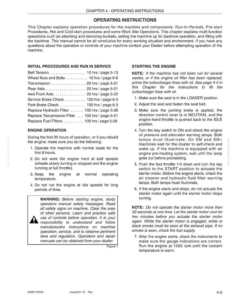 May include: A page from an equipment operation manual, titled "Operating Instructions." It details initial procedures, engine operation, and starting instructions. Includes warnings and diagrams. The text is black on a white background.