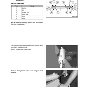 May include: Service manual page detailing the replacement of packing material for steering or Crab hydraulic cylinders. Includes a parts list with names like "Gasket" and "Cuff", and diagrams of the cylinder assembly. Also shows steps for removing the hydraulic motor cover.