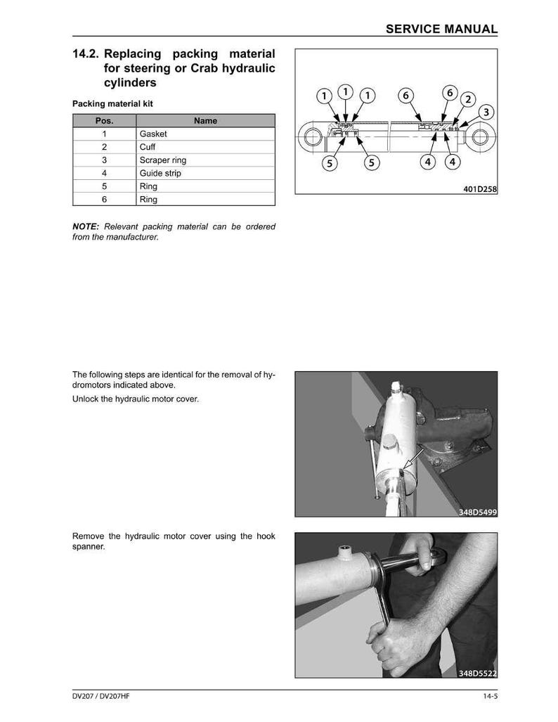 May include: Service manual page detailing the replacement of packing material for steering or Crab hydraulic cylinders. Includes a parts list with names like "Gasket" and "Cuff", and diagrams of the cylinder assembly. Also shows steps for removing the hydraulic motor cover.