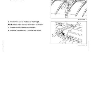 May include: Diagram illustrating the removal of a reel tine, with numbered steps and close-up images of the process. Text instructions detail the use of tools like pliers to remove the plastic spacer and rotate the tool.