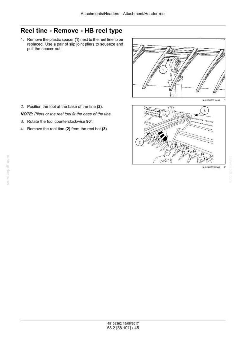 May include: Diagram illustrating the removal of a reel tine, with numbered steps and close-up images of the process. Text instructions detail the use of tools like pliers to remove the plastic spacer and rotate the tool.