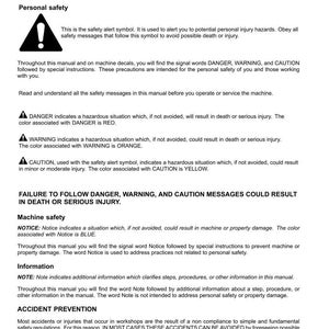 May include: A page from a manual with safety instructions. It includes the safety alert symbol, definitions for DANGER, WARNING, and CAUTION, and information on accident prevention. The text is in black and white.
