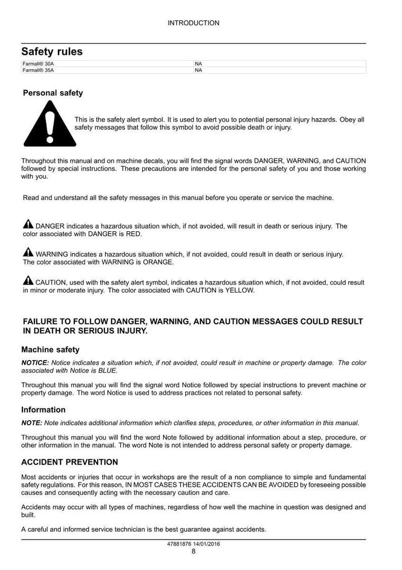 May include: A page from a manual with safety instructions. It includes the safety alert symbol, definitions for DANGER, WARNING, and CAUTION, and information on accident prevention. The text is in black and white.