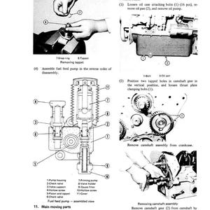 Puede incluir: Una p&aacute;gina de un manual que detalla el desmontaje y montaje de un motor. La imagen incluye diagramas de componentes del motor, etiquetados con n&uacute;meros y nombres, e instrucciones para quitar piezas. El texto incluye t&eacute;rminos como "c&aacute;rter de aceite", "&aacute;rbol de levas" y "bomba de combustible".