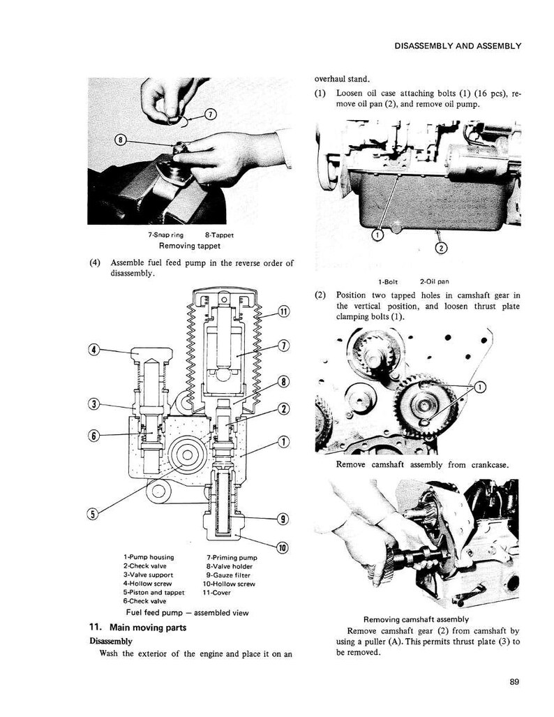 Puede incluir: Una p&aacute;gina de un manual que detalla el desmontaje y montaje de un motor. La imagen incluye diagramas de componentes del motor, etiquetados con n&uacute;meros y nombres, e instrucciones para quitar piezas. El texto incluye t&eacute;rminos como "c&aacute;rter de aceite", "&aacute;rbol de levas" y "bomba de combustible".