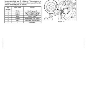 May include: A technical document page titled Trailer electrical socket, featuring a 7 pin electrical power outlet diagram and a table listing pin numbers, wire colors, and circuits including Earth, parking lights, turn signals, and brake lights.
