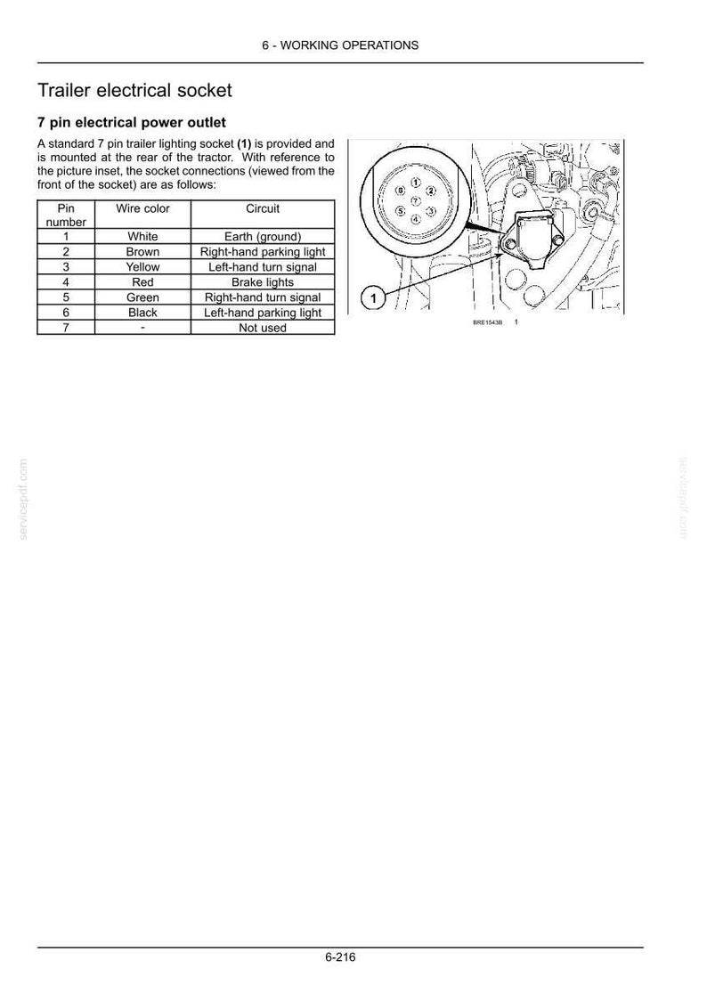May include: A technical document page titled Trailer electrical socket, featuring a 7 pin electrical power outlet diagram and a table listing pin numbers, wire colors, and circuits including Earth, parking lights, turn signals, and brake lights.
