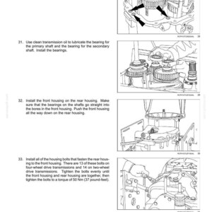 Puede incluir: Diagrama de montaje de transmisi&oacute;n Power Shuttle con instrucciones detalladas. La imagen muestra varios componentes, incluyendo engranajes, carcasas y pernos, con flechas que indican los pasos de montaje. El texto proporciona orientaci&oacute;n sobre la instalaci&oacute;n y el par de apriete.