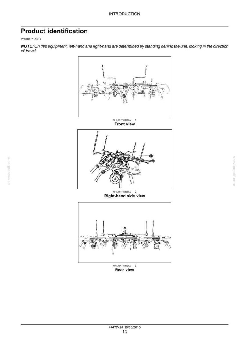 May include: Product identification diagrams for ProTed 3417 equipment. The image shows front, right-hand side, and rear views of the machinery. The diagrams are black and white line drawings, with labels indicating each view.