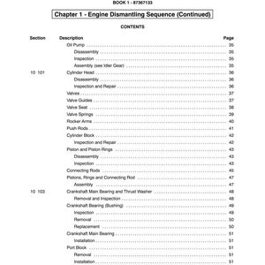 May include: A page from a manual titled "SECTION 10 - ENGINE" with a table of contents for engine dismantling. The table lists sections like "Cylinder Head," "Valves," and "Piston and Piston Rings," with corresponding page numbers.