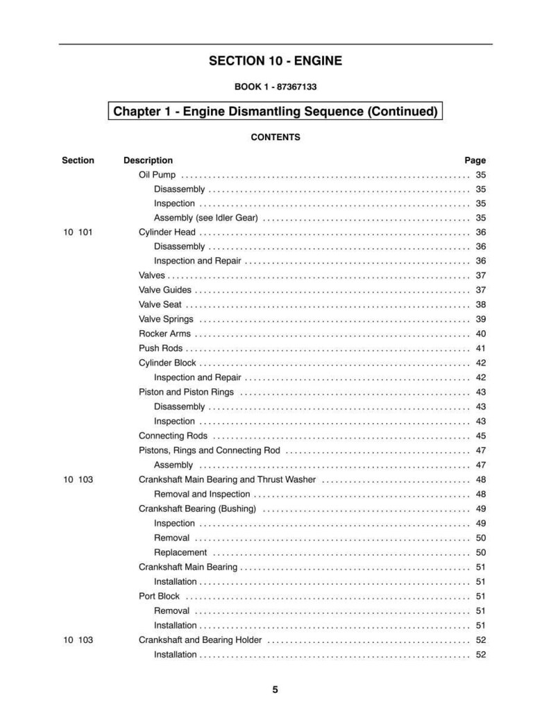 May include: A page from a manual titled "SECTION 10 - ENGINE" with a table of contents for engine dismantling. The table lists sections like "Cylinder Head," "Valves," and "Piston and Piston Rings," with corresponding page numbers.