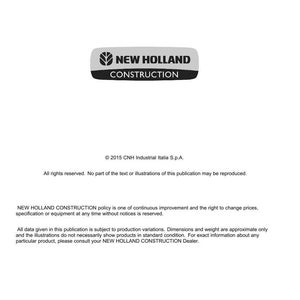 May include: A white document with the text "NEW HOLLAND CONSTRUCTION" in a gray and black banner. The document includes the CNH Industrial Italia S.p.A. logo and copyright information. The document is a technical publication.