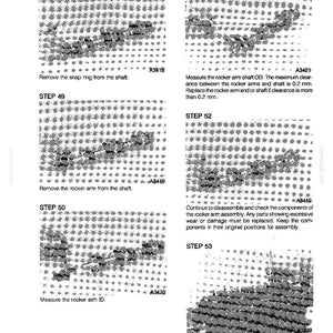 May include: A technical diagram with instructions for dismantling and reassembling a rocker arm assembly. The image includes text and diagrams detailing each step, including measurements and part replacement instructions. The document is printed in the USA.
