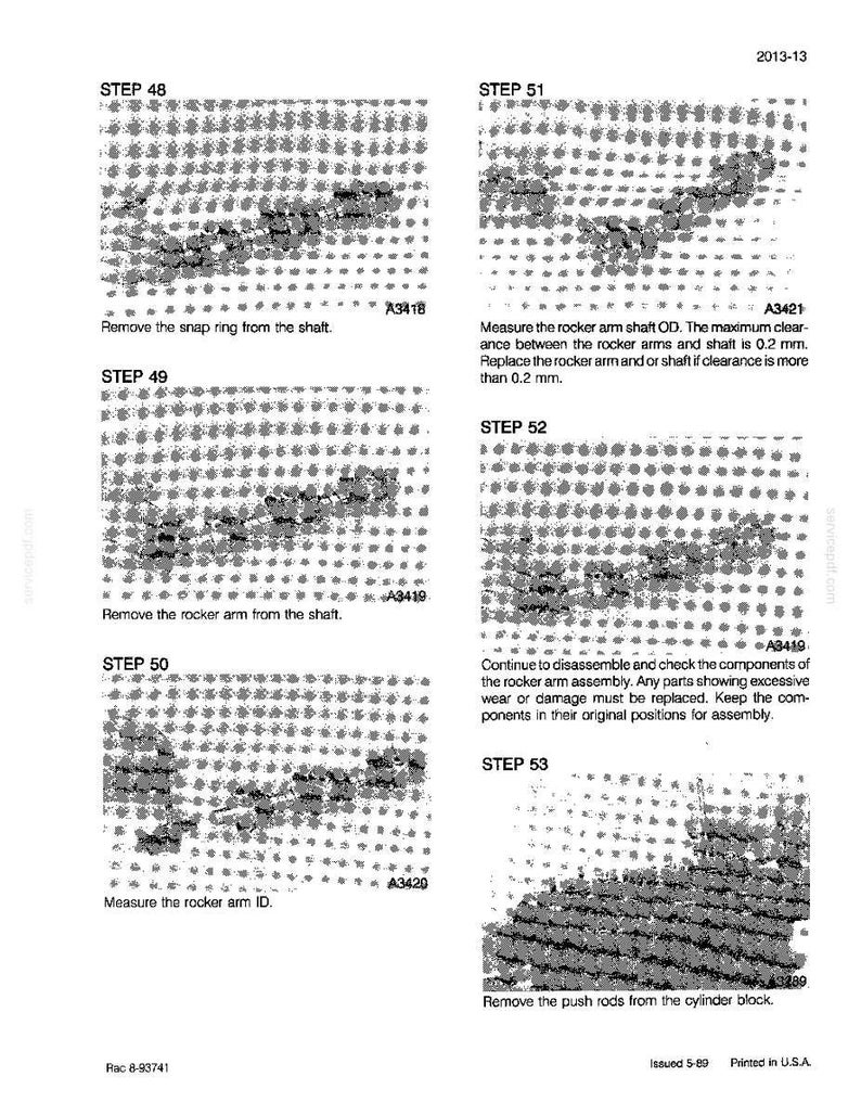 May include: A technical diagram with instructions for dismantling and reassembling a rocker arm assembly. The image includes text and diagrams detailing each step, including measurements and part replacement instructions. The document is printed in the USA.