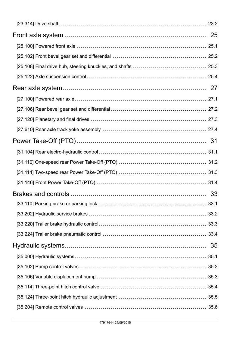 May include: A technical document detailing mechanical systems, including front and rear axles, power take-off, brakes, controls, and hydraulic systems. The document has a table of contents.