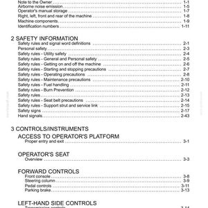 May include: A white document page titled "Contents" with a list of topics including "General Information", "Safety Information", and "Controls/Instruments". The document is a manual for a machine.
