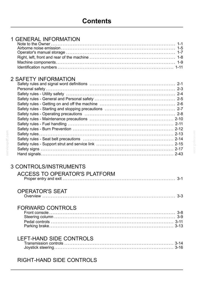 May include: A white document page titled "Contents" with a list of topics including "General Information", "Safety Information", and "Controls/Instruments". The document is a manual for a machine.