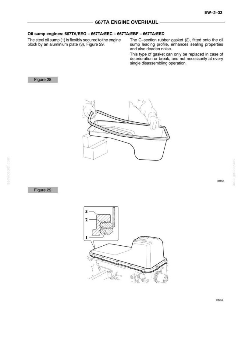 May include: Diagram of an engine oil sump with a C-section rubber gasket. The diagram shows the steel oil sump secured to the engine block with an aluminum plate. The text reads "667TA ENGINE OVERHAUL".