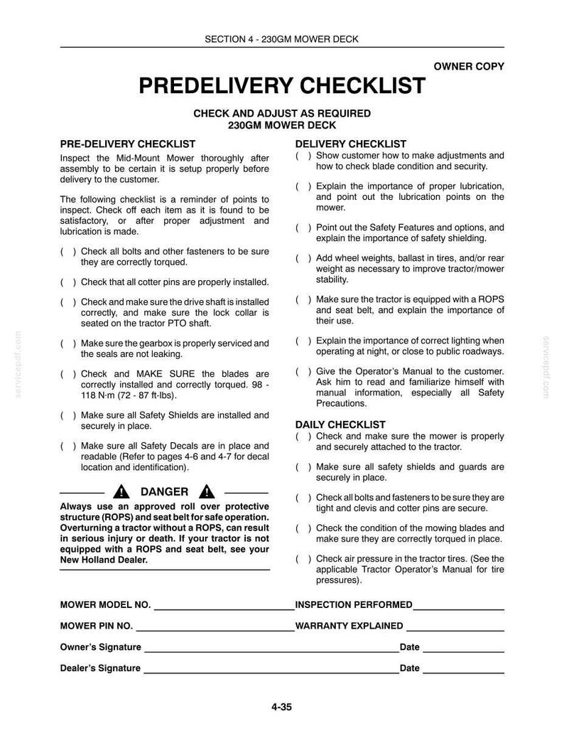 Puede incluir: Un documento en blanco y negro titulado 230GM Mower Deck Predelivery Checklist. Contiene instrucciones para inspeccionar pernos, pasadores, ejes de transmisi&oacute;n, cajas de cambios, cuchillas y protectores, adem&aacute;s de listas de verificaci&oacute;n diarias y l&iacute;neas de firma.