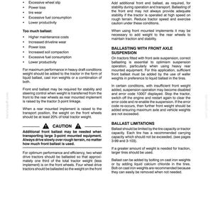 May include: A technical document page titled Section 3 - Field Operation, containing black text on a white background. It provides detailed instructions regarding tractor ballast, including bulleted lists for too little or too much ballast.