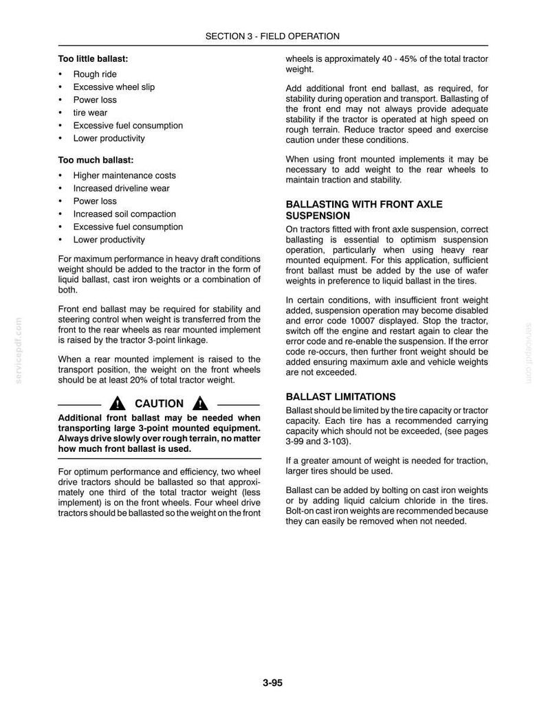 May include: A technical document page titled Section 3 - Field Operation, containing black text on a white background. It provides detailed instructions regarding tractor ballast, including bulleted lists for too little or too much ballast.