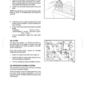 May include: Page from a technical manual detailing engine assembly and oil filter maintenance. Includes diagrams of engine components, torque specifications in ft-lbs, and measurements in inches. The text also covers the oil pressure warning system.