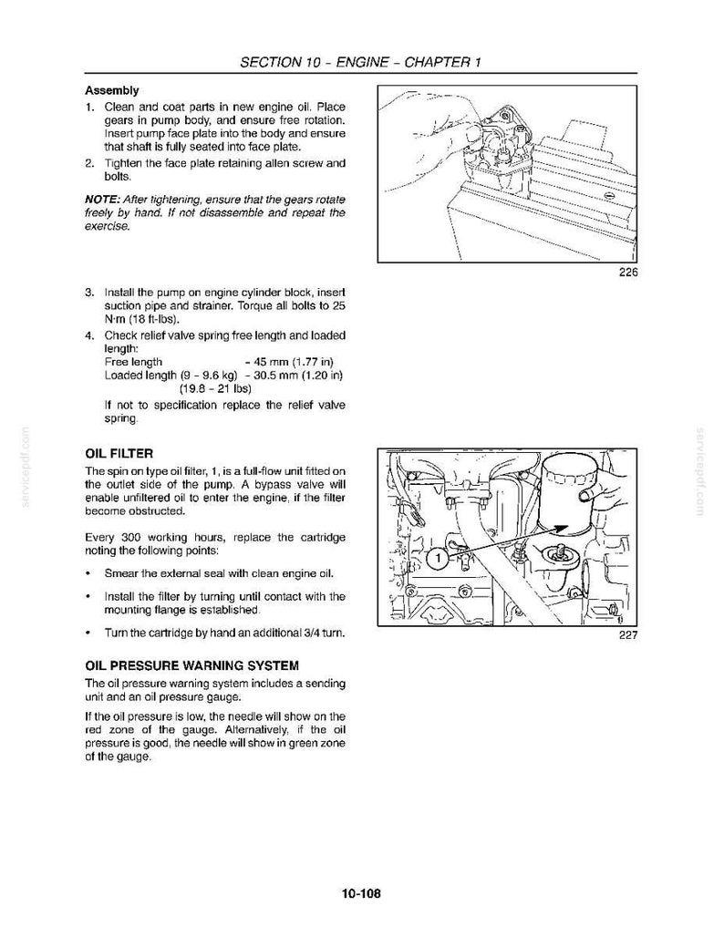 May include: Page from a technical manual detailing engine assembly and oil filter maintenance. Includes diagrams of engine components, torque specifications in ft-lbs, and measurements in inches. The text also covers the oil pressure warning system.