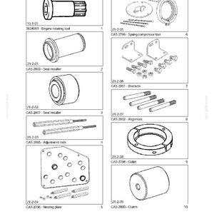May include: Diagram of various automotive tools, including an engine rotating tool, seal installers, adjustment rods, a nesting plate, spring compressor tool, brackets, alignment tools, a collet, and a clutch. The image includes part numbers and labels.