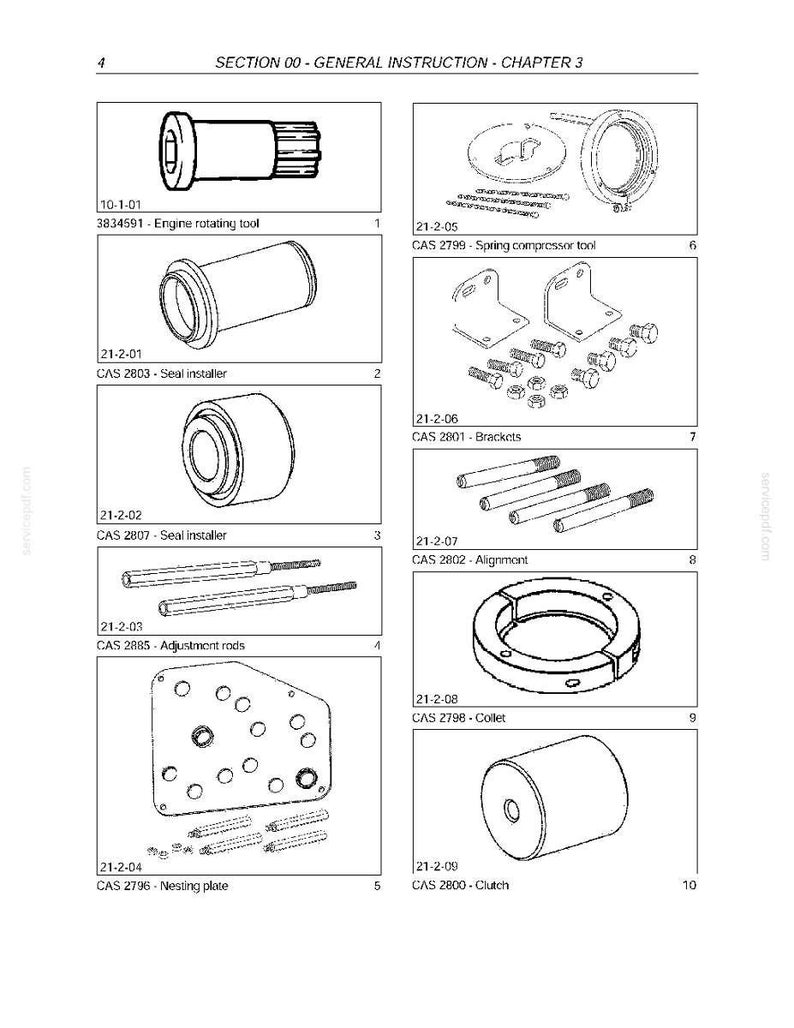 May include: Diagram of various automotive tools, including an engine rotating tool, seal installers, adjustment rods, a nesting plate, spring compressor tool, brackets, alignment tools, a collet, and a clutch. The image includes part numbers and labels.