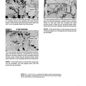 May include: Black and white technical diagrams with labels for engine components, including "Air Removal Screw" and "Primer Pump." Instructions detail steps for fuel system maintenance, with text and illustrations.