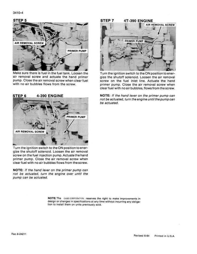 May include: Black and white technical diagrams with labels for engine components, including "Air Removal Screw" and "Primer Pump." Instructions detail steps for fuel system maintenance, with text and illustrations.