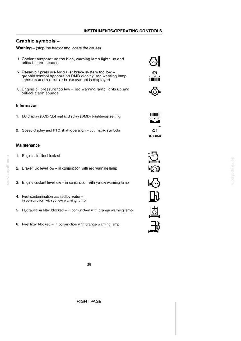 May include: A technical document page titled INSTRUMENTS/OPERATING CONTROLS featuring a list of graphic symbols for tractor maintenance and warnings. The text details coolant, brake, oil, and filter status indicators with corresponding black icons.