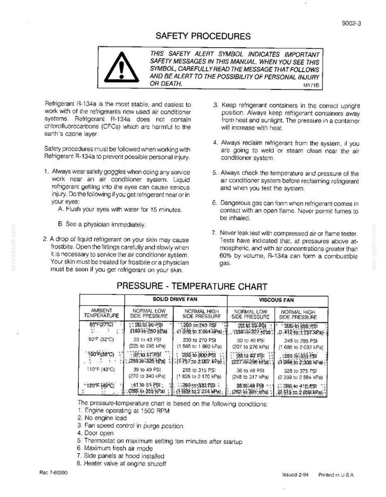 May include: A white document with safety procedures for refrigerant R-134a, including a pressure-temperature chart. The document features a warning symbol and instructions for safe handling, with measurements in PSI and Fahrenheit.