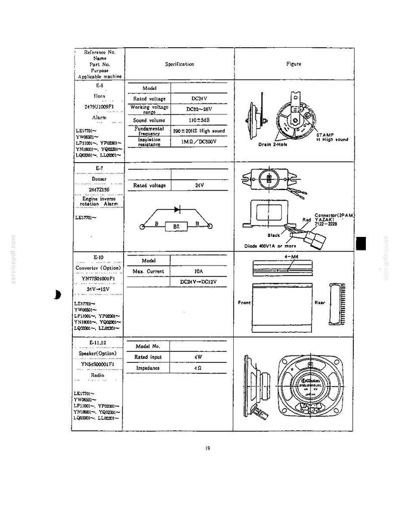 May include: A technical specification document page featuring diagrams and data tables for electronic components including an alarm, buzzer, converter, and speaker. The text includes model numbers, voltage ratings, and technical diagrams for each part.