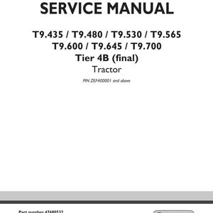 Puede incluir: Una portada de manual de servicio blanca con texto negro. El t&iacute;tulo "SERVICE MANUAL" est&aacute; en la parte superior. Debajo est&aacute;n los n&uacute;meros de modelo del tractor, "Tier 4B (final)" y "Tractor". El logotipo de New Holland Agriculture est&aacute; en la parte inferior derecha.