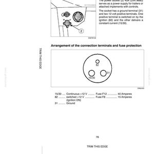 May include: A technical diagram illustrating a three-pole power socket for trailers. It includes a schematic of the connection terminals, labeled 15/30, 82, and 31, along with fuse protection details specifying 40 Amperes for F12 and 15 Amperes for F8.
