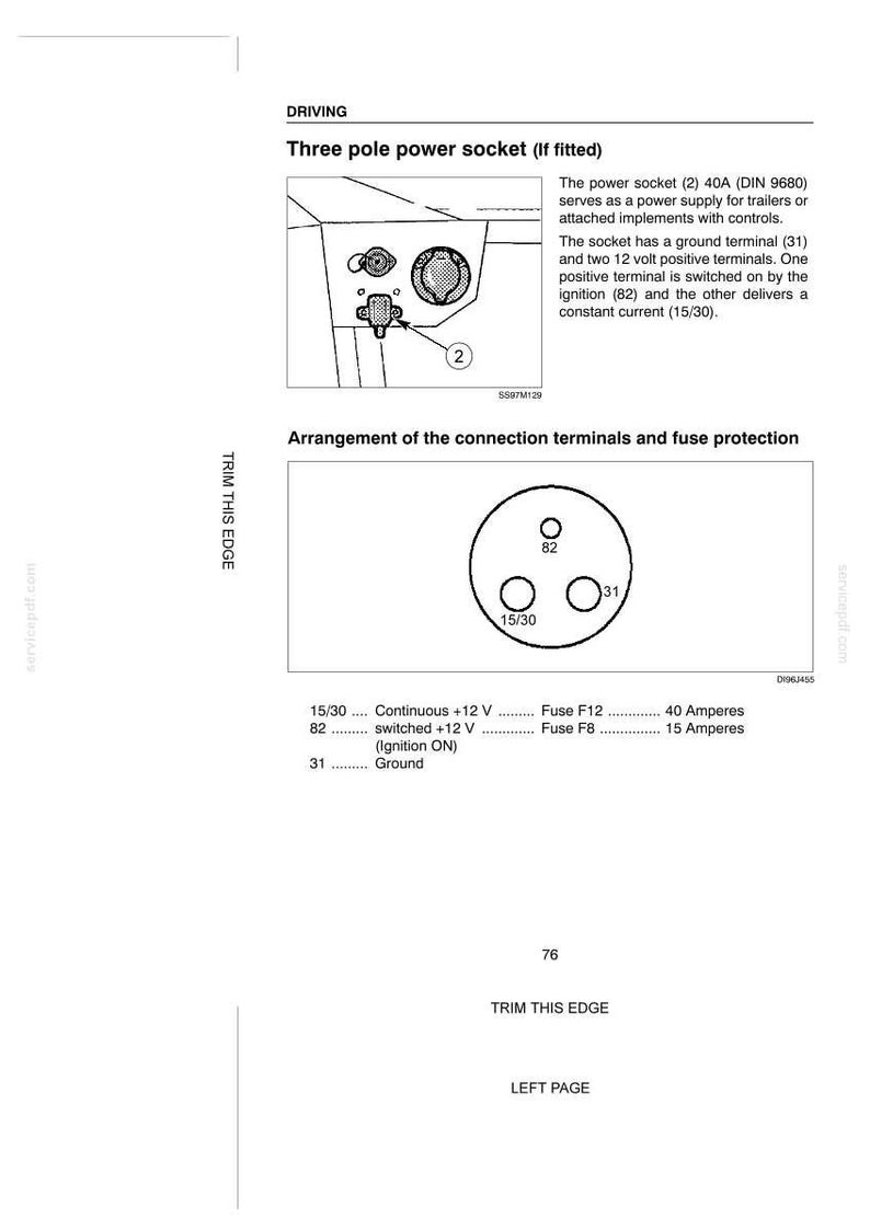 May include: A technical diagram illustrating a three-pole power socket for trailers. It includes a schematic of the connection terminals, labeled 15/30, 82, and 31, along with fuse protection details specifying 40 Amperes for F12 and 15 Amperes for F8.